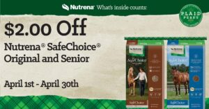 Coupon for $2 off Nutrena Safechoice Original and Senior horse feed in April, 2022